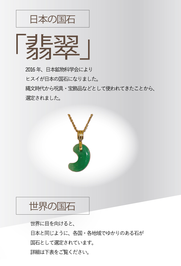 日本の国石「翡翠」2016年、日本鉱物科学会によりヒスイが日本の国石になりました。縄文時代から呪具・宝飾品などとして使われてきたことから、選定されました。「世界の国石」世界に目を向けると、日本と同じように、各国・各地域でゆかりのある石が国石として選定されています。詳細は下表をご覧ください。